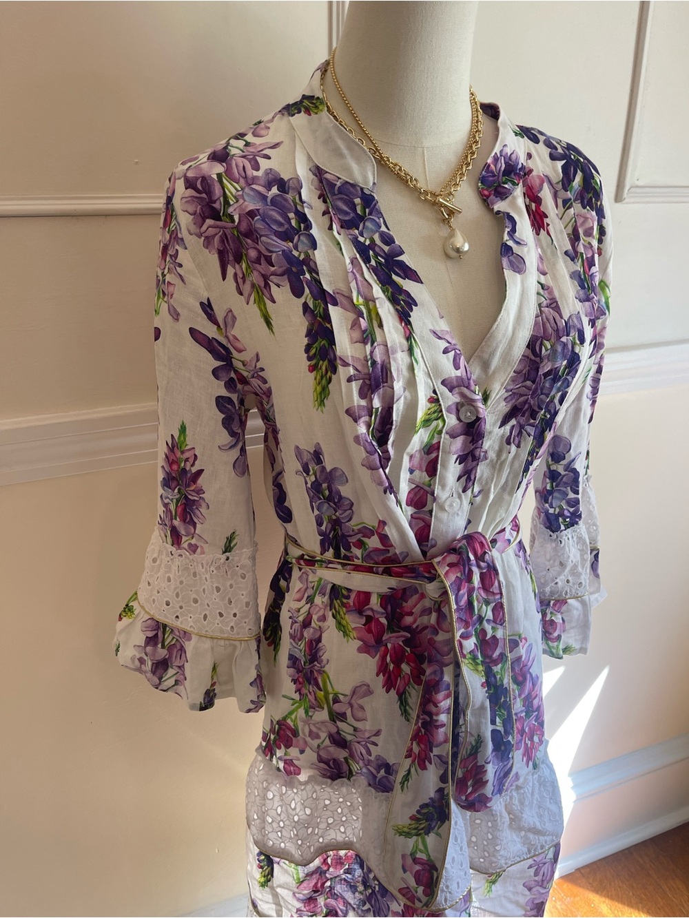 Boston Proper White Tunic with Purple Floral Print and Self-Tie Belt